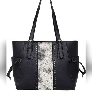 Hair on Hide Leather Concealed Carry Tote Bag for Women Large Shoulder Bag Studs
